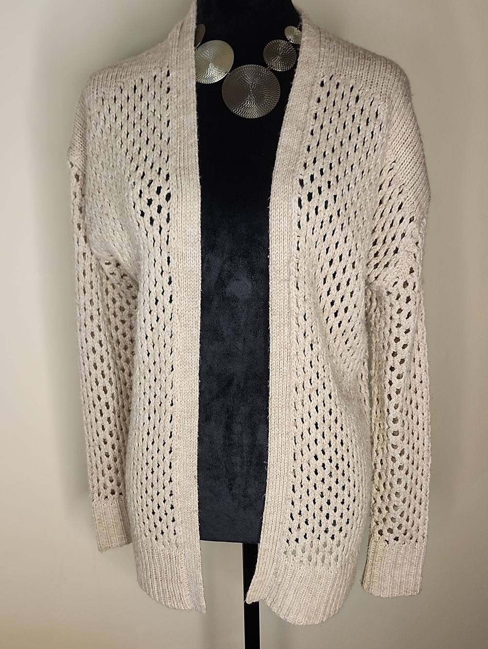 Dex Open Knit Longline Cardigan Sweater Cream Beige Boho Cottagecore Size Small